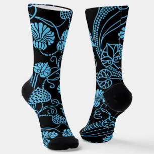 Antikes Blumenmuster Schwarz auf Blau Socken