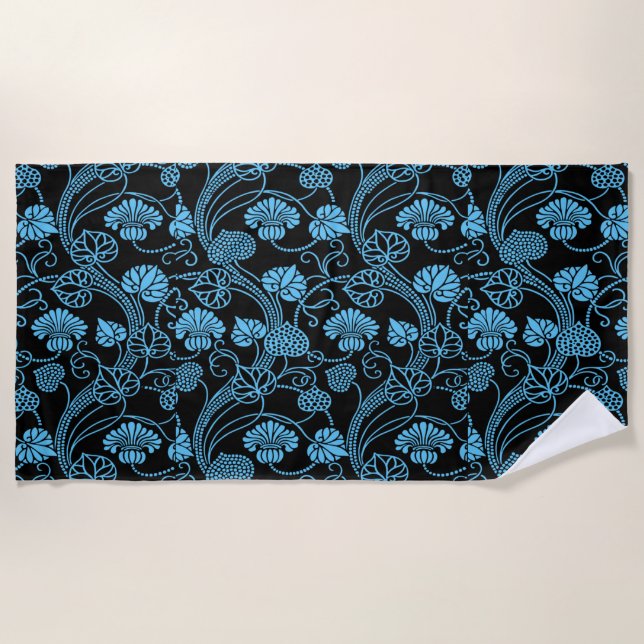 Antikes Blumenmuster Schwarz auf blau Strandtuch (Vorderseite)