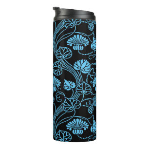 Antikes Blumenmuster Schwarz auf Blau Thermosbecher