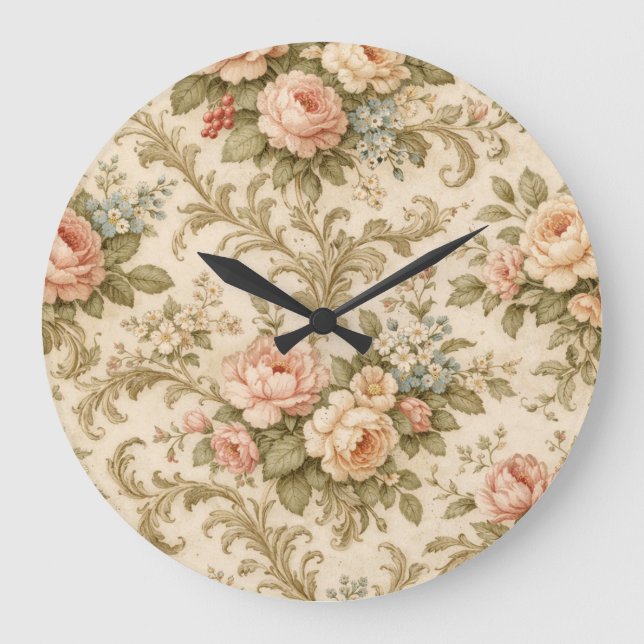 Antikes Blumenmuster Tapete  Große Wanduhr (Vorderseite)