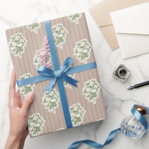 Antikes Blumenmuster Weiße Rosen Braune Streifen Geschenkpapier