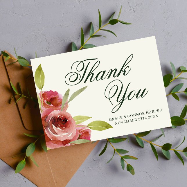 Antikes Blumenrosa Wasserfarbener Hochzeitstag Dankeskarte (Von Creator hochgeladen)
