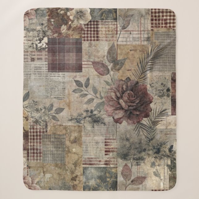 Antikes botanisches Patchwork Rustikal (2) Sherpadecke (Vorderseite)