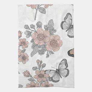 Antikes botanisches Schmetterlings-Toile-Muster (2 Geschirrtuch