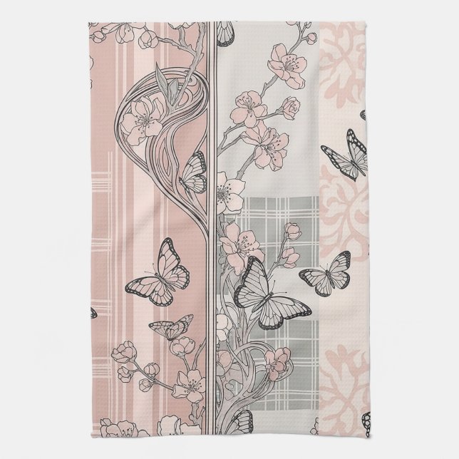Antikes botanisches Schmetterlings-Toile-Muster (4 Geschirrtuch (Vertikal)