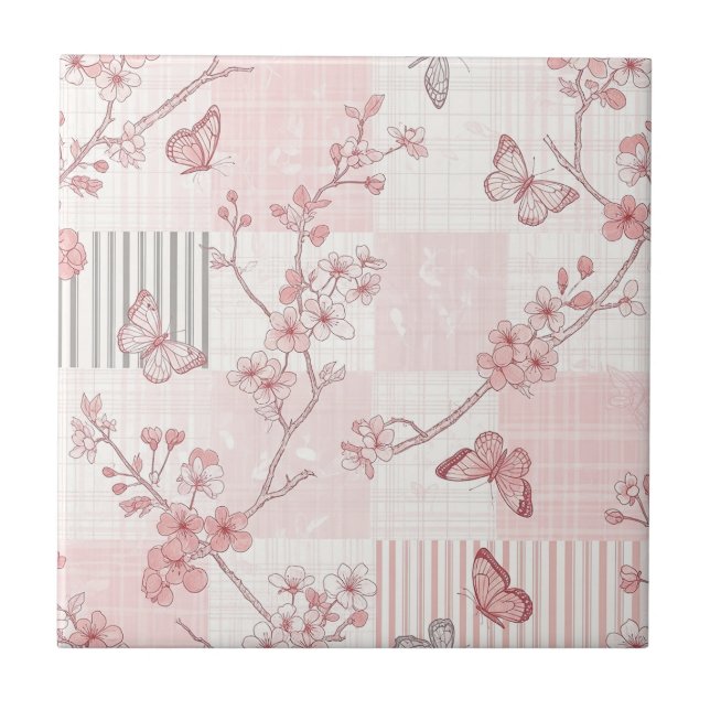 Antikes botanisches Schmetterlings-Toile-Muster (7 Fliese (Vorderseite)
