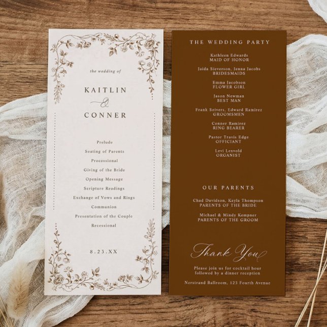 Antikes Braunes Französisches Florales Viktorianis Programm (Vintage French brown wedding program with elegant chinoiserie floral frame)
