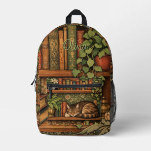 Antikes Bücherregal mit Katze und Kaffee Bedruckter Rucksack