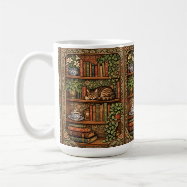 Antikes Bücherregal mit Katze und Kaffee Kaffeetasse (Links)