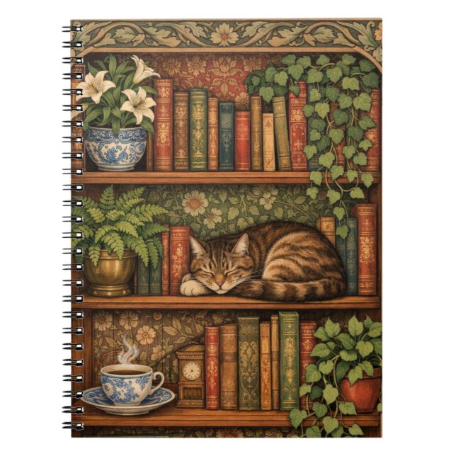 Antikes Bücherregal mit Katze und Kaffee Notizblock (Vorderseite)