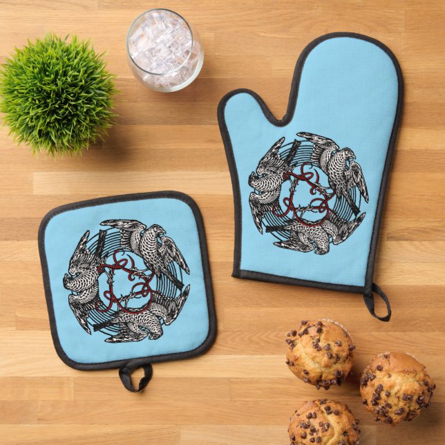 Antikes Buchzeichen Drei Hawks William de Morgan Ofenhandschuh & Topflappen-Set (Oben Unten)