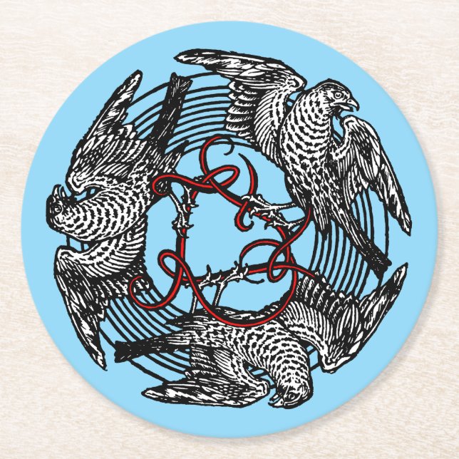 Antikes Buchzeichen Drei Hawks William de Morgan Runder Pappuntersetzer (Vorderseite)