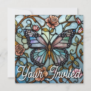 Antikes Buntglas Blau Schmetterling Kunst Einladung