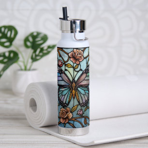 Antikes Buntglas Blau Schmetterling Kunst Trinkflasche
