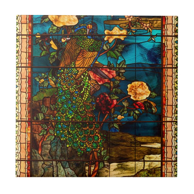 Antikes Buntglas mit Pfauen und Blumen Fliese (Vorderseite)