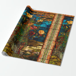 Antikes Buntglas mit Pfauen und Blumen Geschenkpapier