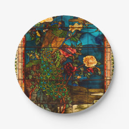 Antikes Buntglas mit Pfauen und Blumen Pappteller