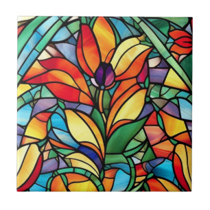 Antikes Buntglas Orange Lila Blume  Fliese