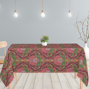 Antikes Burgund, grünes und goldenes Blumenmuster Tischdecke