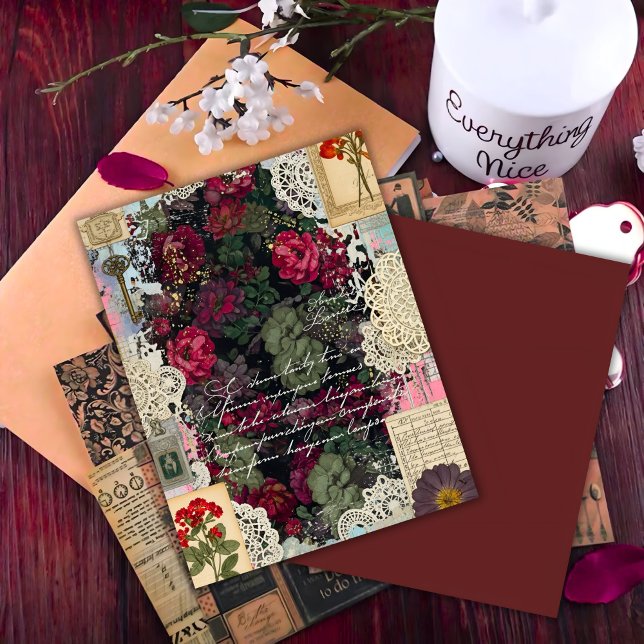 Antikes Burgunder-Botanik-Collage-Schreibpapier (Von Creator hochgeladen)