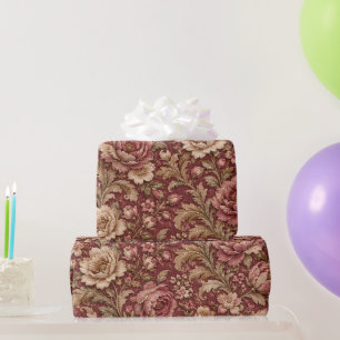 Antikes Burgunder Damast Blumen Geschenkpapier