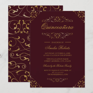 Antikes Burgundergold Ranken Quinceanera Einladung