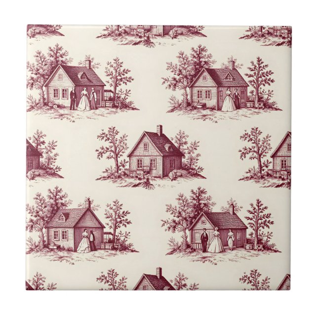 Antikes Burgunderrot-Toile-Dorfmuster Fliese (Vorderseite)