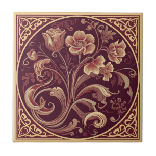 Antikes burgunderrot und goldene Art Nouveau Blume Fliese