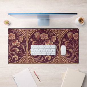 Antikes burgunderrot und goldene Art Nouveau Blume Schreibtischunterlage