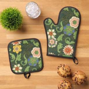 Antikes chinesisches Cloisonné-Muster: Jade Grün Ofenhandschuh & Topflappen-Set