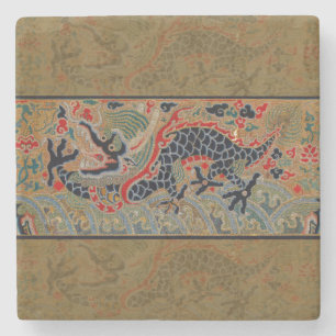 Antikes chinesisches Drache Seidenstickerei-Muster Steinuntersetzer