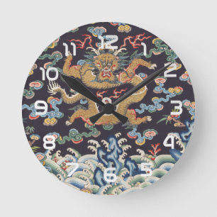 Antikes chinesisches Drachen-orient-Seidenmuster Runde Wanduhr