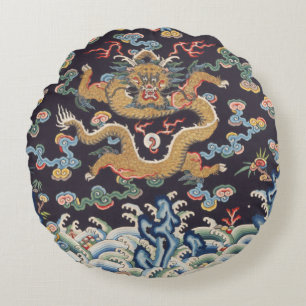 Antikes chinesisches Drachen-orient-Seidenmuster Rundes Kissen