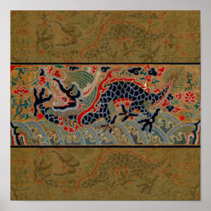 Antikes chinesisches Drachen-Seidenstickereimuster Poster
