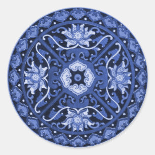 Antikes chinesisches Mandala in Blau und Weiß Runder Aufkleber