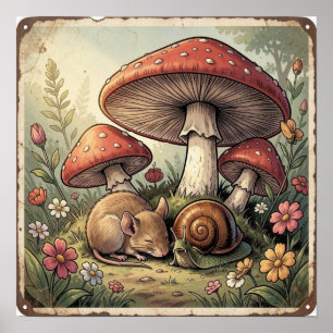 Antikes Cottage Core Pilze und Wildtiere Poster