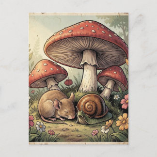 Antikes Cottage Core Pilze und Wildtiere Postkarte