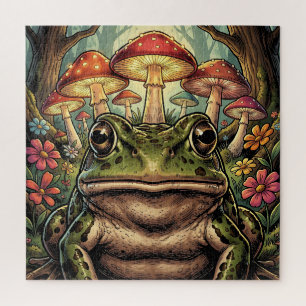 Antikes Cottagecore-Frosch- und Pilz-Motiv Puzzle