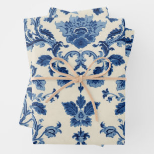 Antikes Creme Blau Damast Geschenkpapier Set