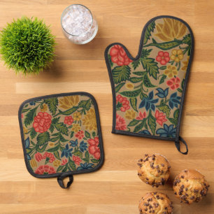 Antikes Crewel-Blumenstickereimuster Ofenhandschuh & Topflappen-Set