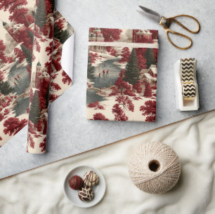 Antikes Crimson Toile de Jouy Winter Manor Geschenkpapier