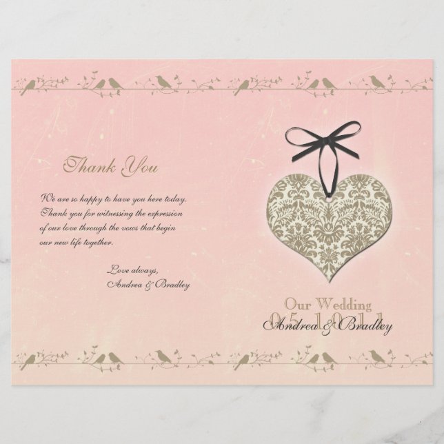 Antikes Damast-Herz-Hochzeitsprogramm (Vorderseite)