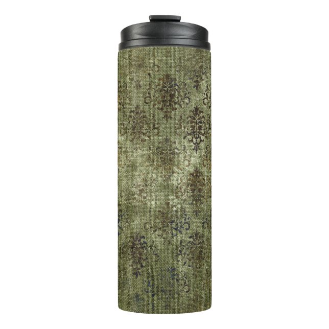 Antikes Damast-Muster aus Jute Thermosbecher (Vorderseite)