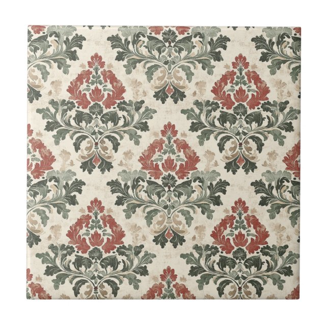 Antikes Damast Rot Grün Beige Fliese (Vorderseite)