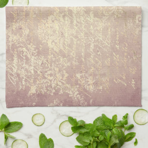 Antikes Damast und Schriftzug Gold rosa abgenutzt Geschirrtuch