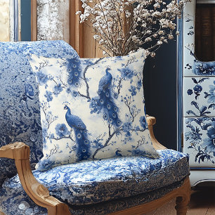 Antikes Delft-Blau-Blumen-Victorian-Pfau Kissen