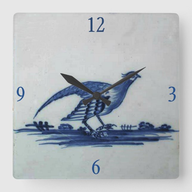 Antikes Delft Blauer Tile - Groß im Gras Quadratische Wanduhr (Vorderseite)