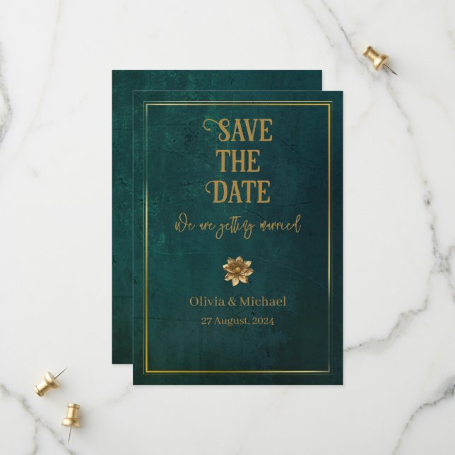 Antikes Dunkelgrün Save The Date (Vorderseite/Rückseite Beispiel)