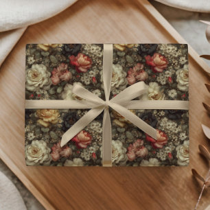 Antikes dunkles Blumen-Rosen-Pfingstrosen-Rosa-Cre Geschenkpapier