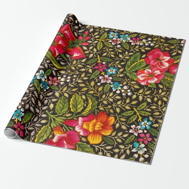 Antikes dunkles Blumen-Toile-Botanik-Muster Geschenkpapier (Ungerollt)